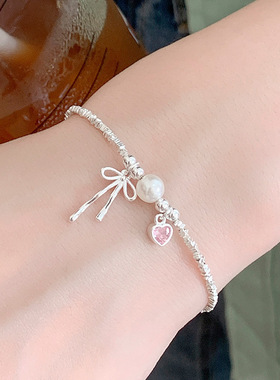 新款S925银粉钻少女心蝴蝶结珍珠