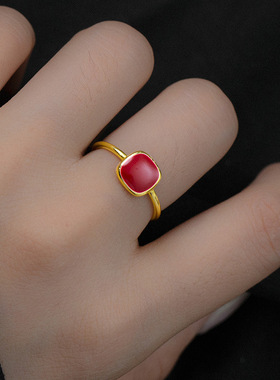 新款S925银复古红色珐琅方糖戒指