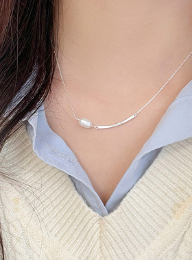 新款S925银天然珍珠弧形项链女博