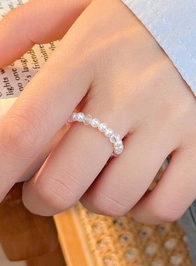 新款小珠珍珠水晶弹力绳戒指女小