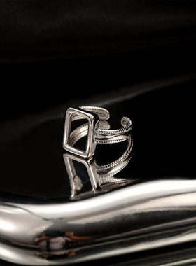 新款镂空方块银戒指女ins冷淡风