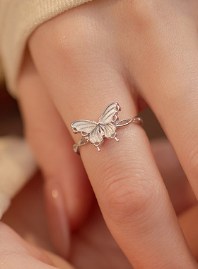 新款S999纯银夏季森系蝴蝶戒指女
