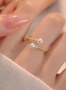 新款S925银轻奢交错麻花珍珠戒指