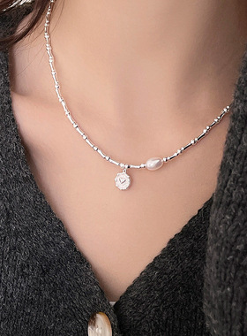 新款S925银竹节珍珠爱心吊坠项链