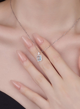 新款S925银蓝色海蓝宝项链女小红