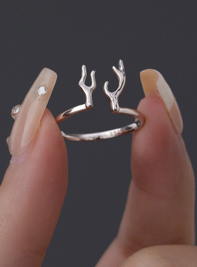 新款S925银时尚鹿角开口戒指女一