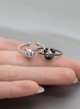 新款S925银猫咪蓝钻麻花戒指女日