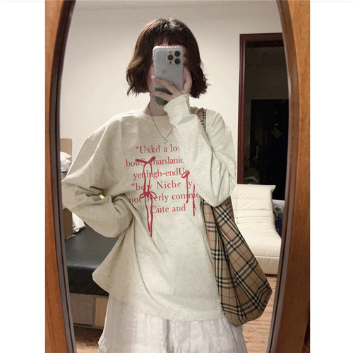 纯棉美式复古字母蝴蝶结长袖t恤女春秋薄款小众设计感宽松打底衫 - 图3