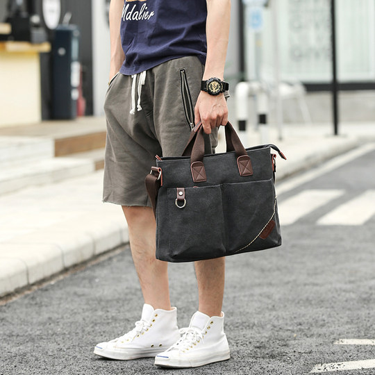 Men's business trip canvas handbag, casual shoulder crossbody bag, multifunctional briefcase, computer backpack, men's bag