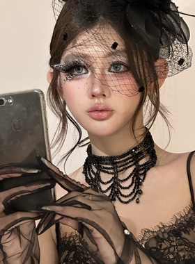 波西米亚多层叠戴串珠项链女小众设计黑色锁骨链暗黑夸张血液项饰
