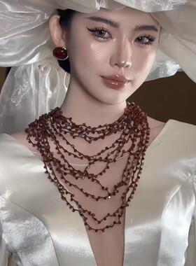 多层串珠项链复古酒红色玫瑰