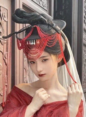 汉服配饰串珠发饰绿色流苏面帘米珠斗笠帷帽演出道具秦汉战国帽子