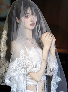白色蕾丝纱圣母妆洛丽塔新娘婚礼头纱影楼拍摄复古造型摄影道具