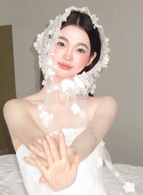新款法式风白色头纱新娘超仙森系立体花朵双层网纱拍照道具高级感