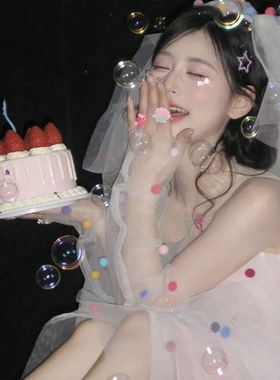 多巴胺彩球头纱甜美森系蝴蝶结新娘婚纱头饰白色蓬蓬纱生日party