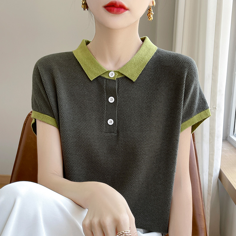 撞色正肩短袖t恤女2025夏季新款大码时尚洋气减龄polo领体恤上衣-图1
