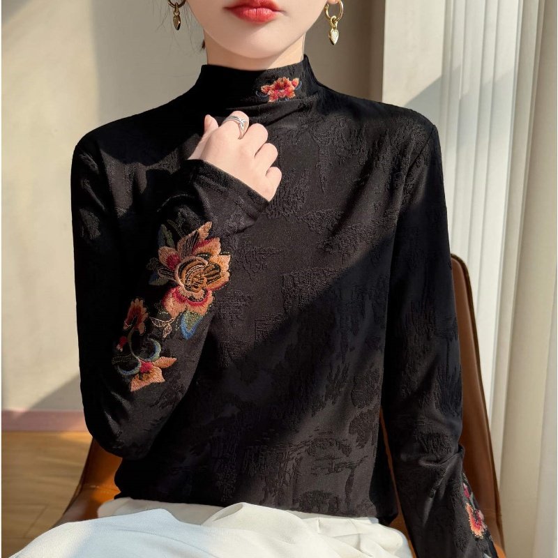 新中式国风刺绣上衣针织衫女半高领提花毛衣高级感气质保暖打底衫,淘宝优惠券,粉丝福利购,淘宝优惠卷