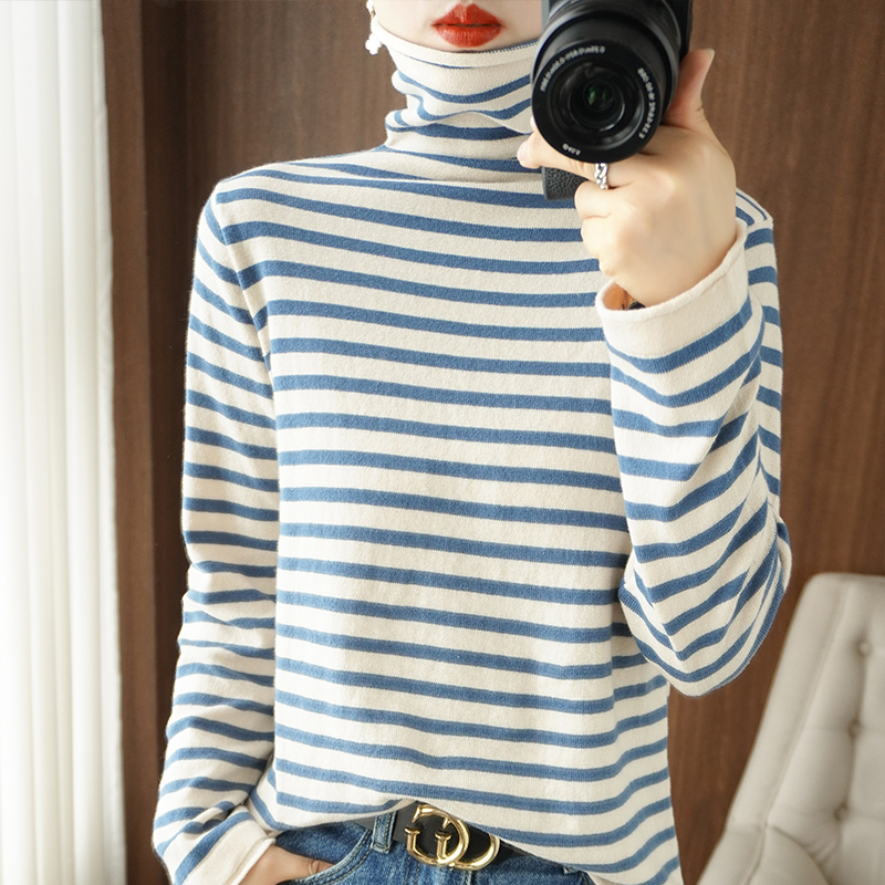 100%纯棉上衣堆堆领套头针织毛衣打底衫条纹卷边新款时尚休闲宽松 - 图2