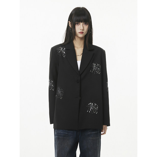 SeeU Xiyou Heavy Industry Fireworks Embroidered Beads Suit Jacket Black Slim Personality Loose Design Suit Women