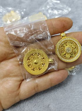 古法沙金八宝罗盘吊坠可转动镶嵌红宝钻石福字莲花如意莲花项链