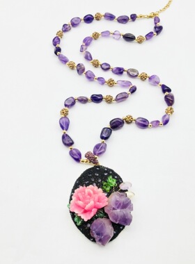 原创设计款牡丹花紫水晶吊坠项链
