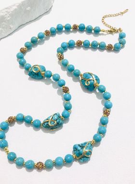 圆珠链宫廷风绿松石绕线项项链