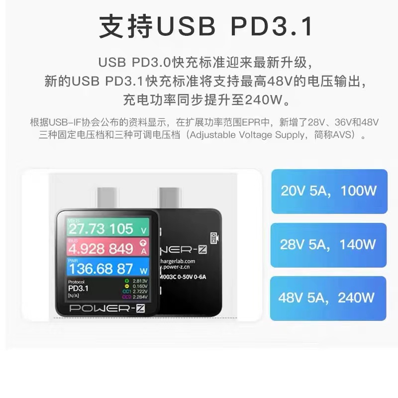 ChargerLAB POWER-Z USB PD3.1协议50V10A双Type-C测试仪 KM003C - 图1