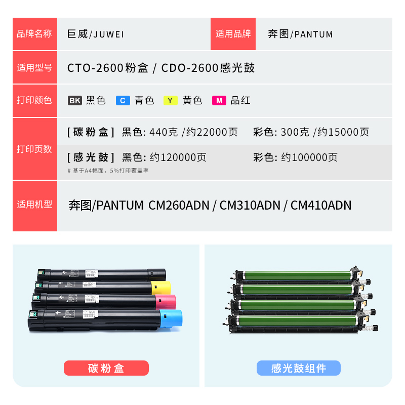 适用奔图CM260ADN打印机硒鼓PANTUM CM310ADN感光鼓CM410ADN复印机套鼓CDO-2600彩色鼓组件 多功能一体机鼓架 - 图3