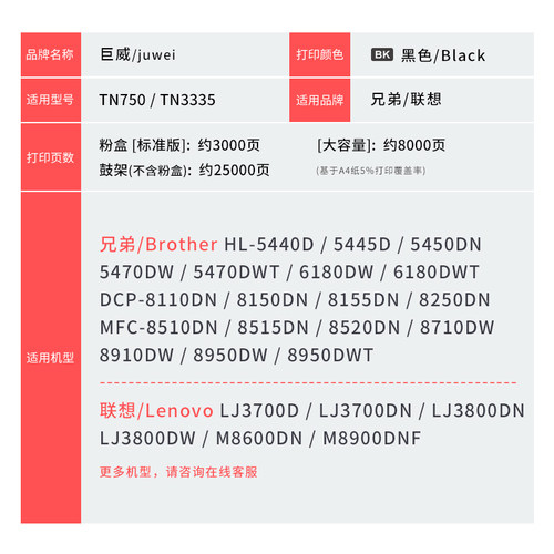 巨威 适用兄弟8510dn粉盒TN3335 MFC8515DN硒鼓HL5440D 5445D 6180dw联想LJ3700D LJ3800 M8900DNF墨盒LT4637 - 图3