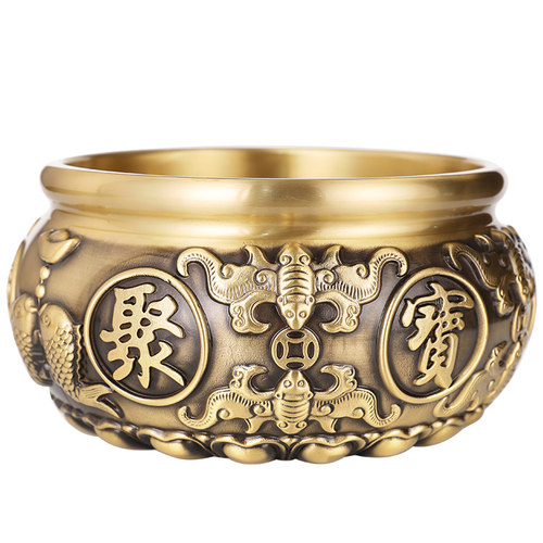 黄铜八福聚宝盆摆件招聚黄铜米缸玄关客厅办公室桌面工艺品装饰品 - 图3