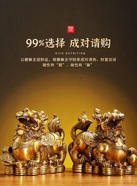 纯铜貔貅摆件一对全黄铜貔恘皮丘客厅店铺装饰办公室招财家居饰品