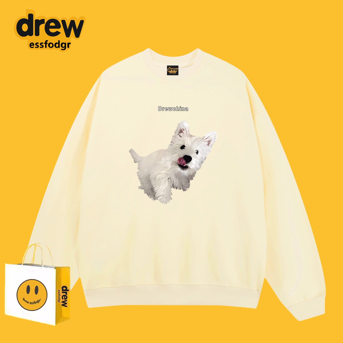 Drew卡通西高地狗狗印花圆领卫衣男女美式潮牌休闲宽松情侣装外套,淘宝优惠券,粉丝福利购,淘宝优惠卷