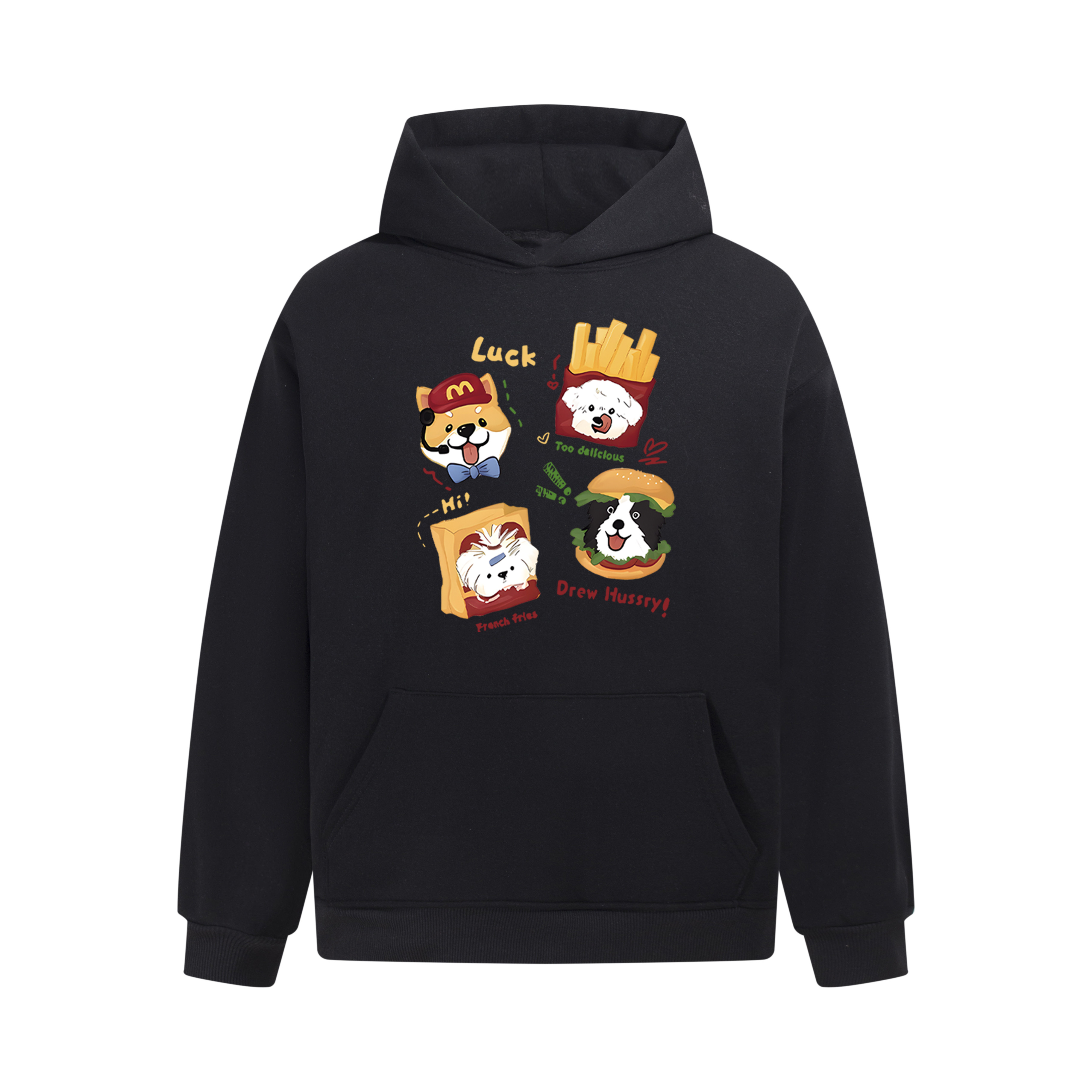 Drew美式潮牌趣味汉堡薯条小狗印花连帽卫衣男女休闲宽松情侣外套
