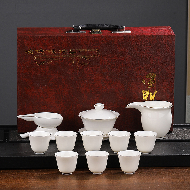 德化羊脂玉茶具套装白瓷家用办公盖碗泡茶杯茶壶整套功夫茶具简约 - 图2