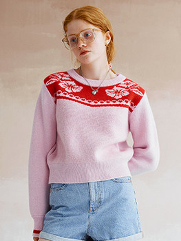 DEWE HEART DEWE23 ດູໃບໄມ້ລົ່ນແລະລະດູຫນາວໃຫມ່ retro jacquard knitted top short sweater Korea ຕົວແທນສັ່ງຊື້