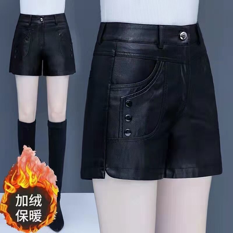 秋冬皮短裤女新款加绒大码百搭显瘦PU皮裤女短裤韩版外穿打底靴裤,淘宝优惠券,粉丝福利购,淘宝优惠卷
