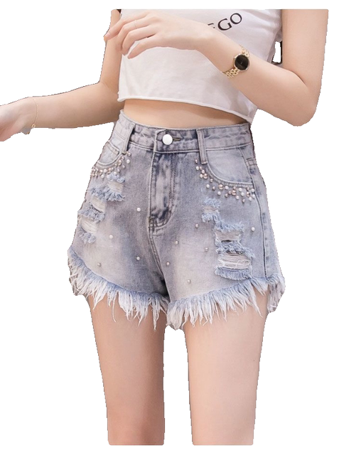 Beaded raw edges ripped denim shorts wide leg hot pants