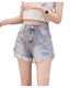 Beaded raw edges ripped denim shorts wide leg hot pants