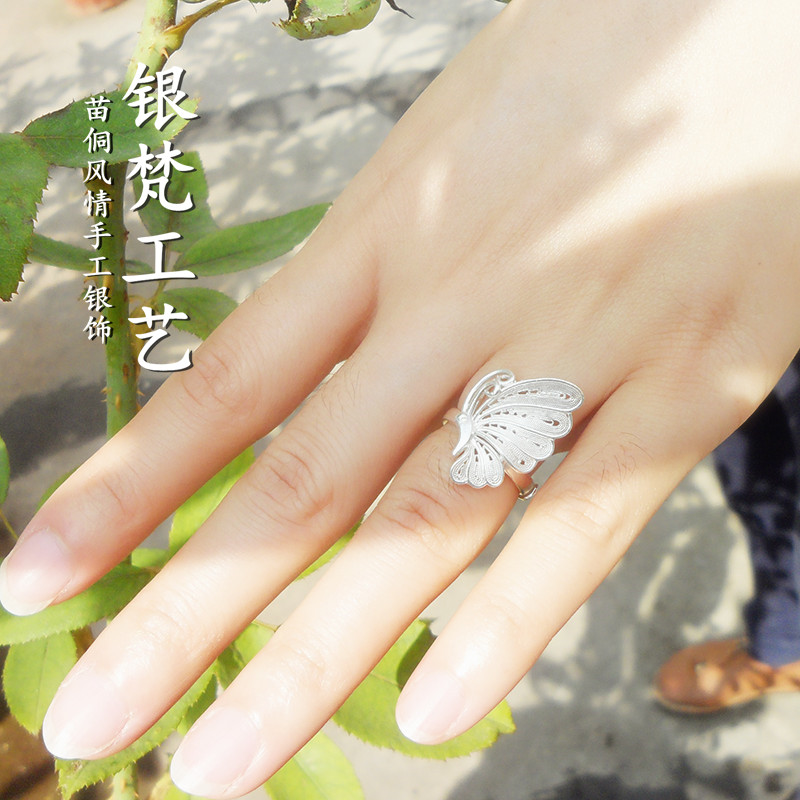 银梵工艺手工花丝银饰999纯银拉丝戒指蝴蝶掐丝送妈妈女友礼物