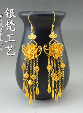 汉服古风999纯银镀金步步生莲花