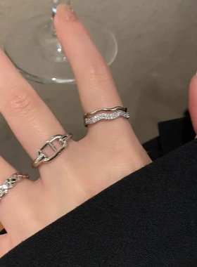 波浪线微镶钻戒指女小众设计高级感开口个性百搭食指戒冷淡风新款