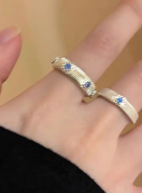 海蓝色十字架拉丝锆石戒指女百搭小众高级感情侣款食指戒轻奢新品