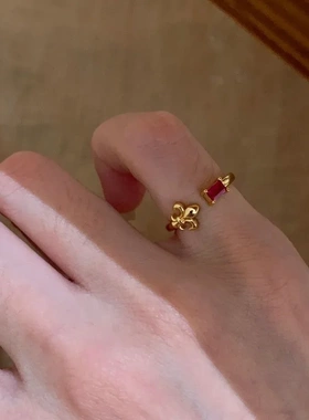 S925纯银复古新中式红色鸢尾花戒指女开口可调节小众高级感食指戒