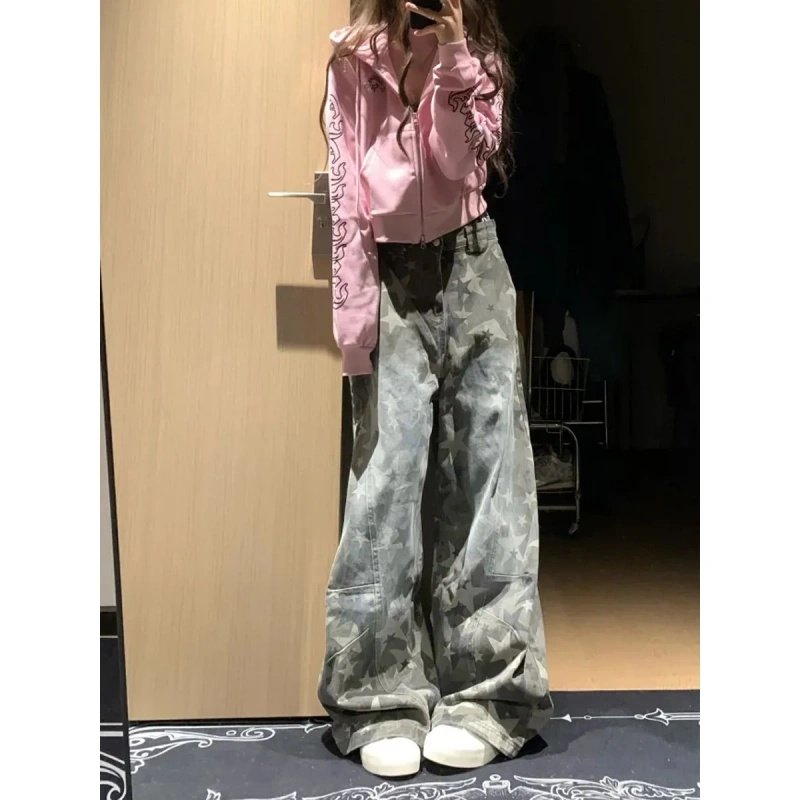 美式高街复古星星印花渐变牛仔裤女高腰宽松休闲百搭阔腿拖地长裤,淘宝优惠券,粉丝福利购,淘宝优惠卷