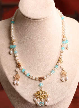 古风蓝色汉服项链中国风仿珍珠软璎珞女明制坦领简约链条古装配饰