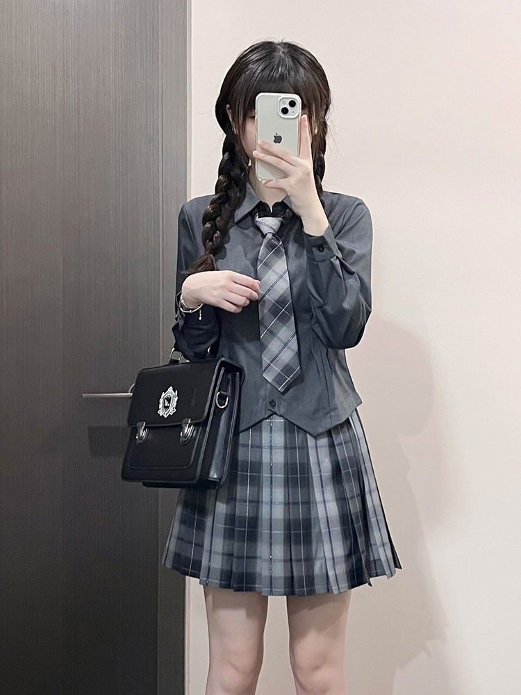 JK制服衬衫女长袖秋冬甜美白色衬衣学院风辣妹套装韩式收腰灰上衣