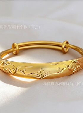 【掉色慢】古法沙金色双鱼莲花推拉手镯百搭气质可调节保色款首饰