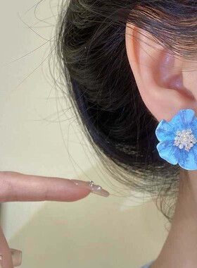 韩版蓝色滴釉海棠花耳钉简约小众设计感2025春夏气质百搭超仙耳环