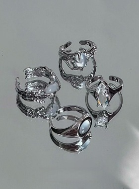 时尚个性月光石不规则戒指小众设计高级感嘻哈男女潮流简约指环