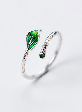 小张的故事S925纯银日韩绿叶戒指